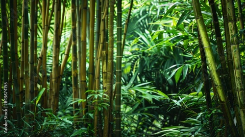 A vibrant  dense bamboo forest captured during the day  showcasing towering stalks and lush foliage