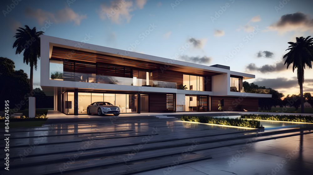 Luxury Modern Mansion with Pool and Evening Lighting Luxury Modern Mansion with Pool and Evening Lighting
