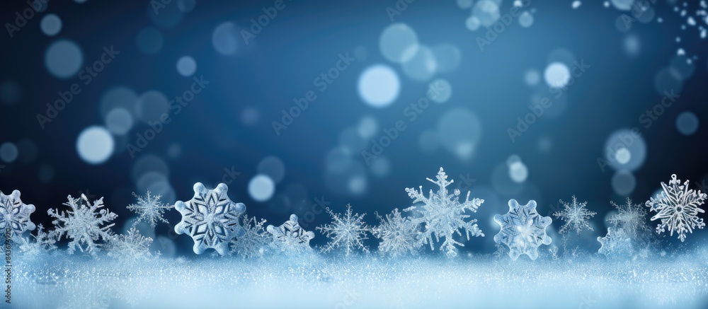 A festive Christmas decor featuring silvery snowflakes on a blue shiny background providing a perfect copy space image A festive Christmas decor featuring silvery snowflakes on a blue shiny background providing a perfect copy space image