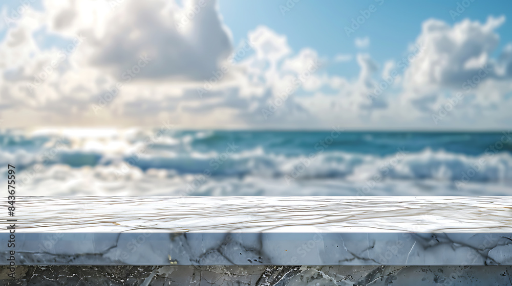 Naklejka premium table with blur sea summer background for display product 