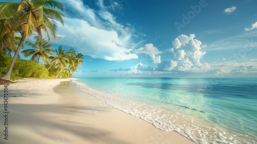 A wide-angle photo showcasing a beautiful tropical beach with palm trees swaying in the gentle breeze  capturing the idyllic beauty of the island paradise