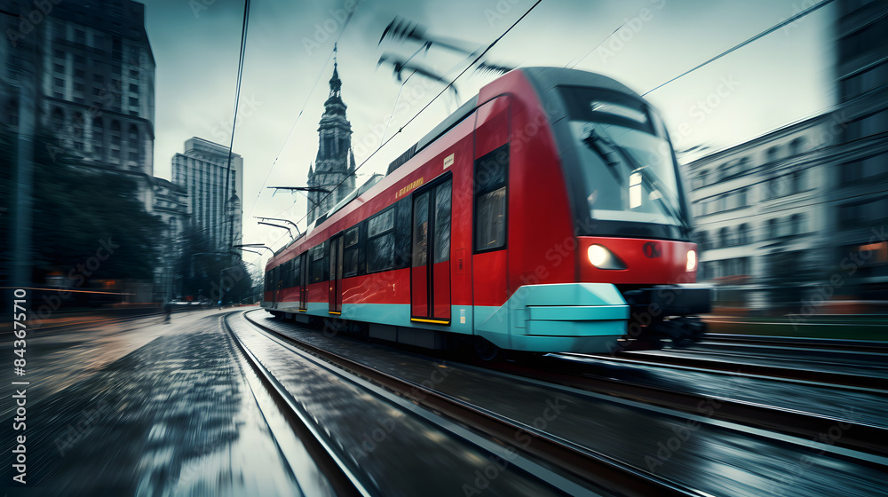Naklejka premium Modern High-Speed Train in Urban Setting