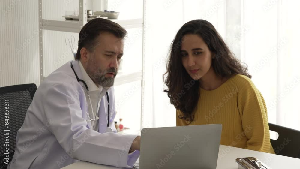 doctor talking to patient with laptop computer consulting and showing medical checkup results at hospital doctor talking to patient with laptop computer consulting and showing medical checkup results at hospital