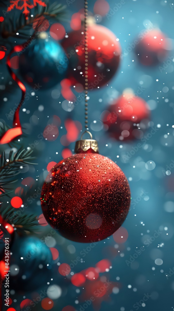 Close-up of festive red and blue Christmas ornaments hanging on a tree with a snowy background, creating a magical holiday atmosphere. Close-up of festive red and blue Christmas ornaments hanging on a tree with a snowy background, creating a magical holiday atmosphere.