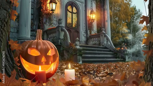 Spooky Halloween mansion with glowing jack-o'-lantern and candles among fallen autumn leaves.