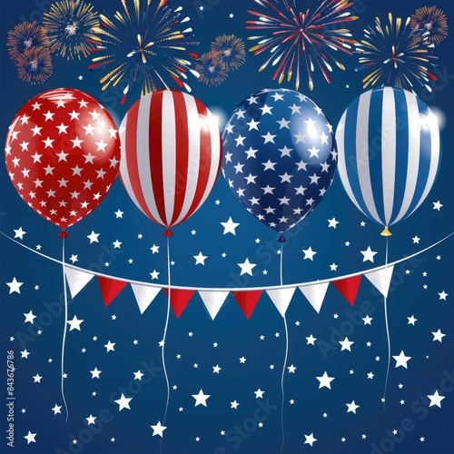 Celebrating 4th of july independence day background with balloons, fireworks, flags. American Independence day 4th July celebration blue background with podium,