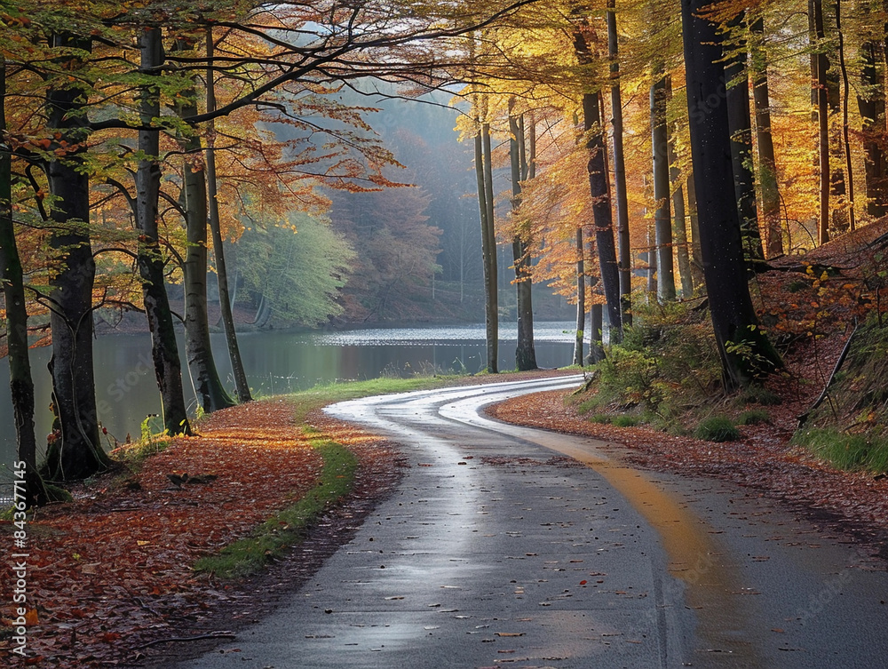 Obraz premium Serene Lakeside Road in Autumn