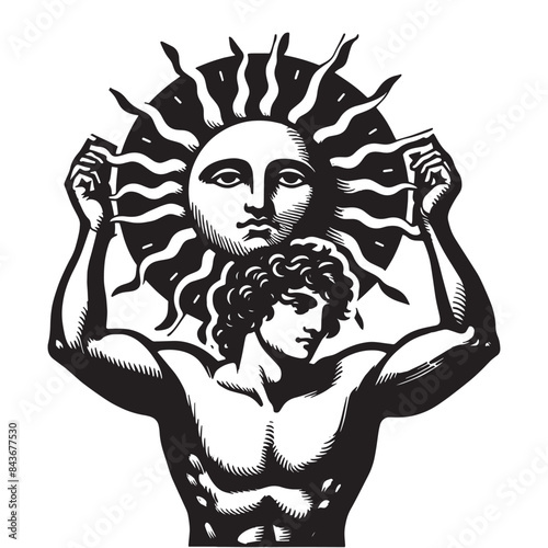 Helios. Sun God. Ancient Greek young man holding the sun.
Vintage vector engraving illustration, print, emblem