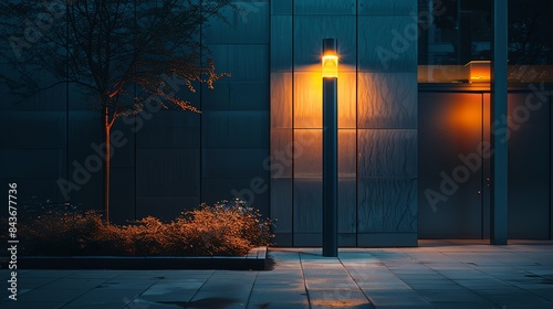 Sleek cantilever pole supporting a minimalist street lamp, casting a soft glow on a modern urban sidewalk photo