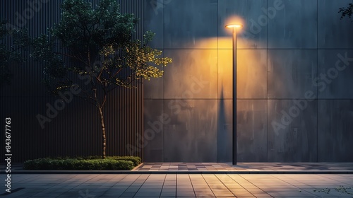 Sleek cantilever pole supporting a minimalist street lamp, casting a soft glow on a modern urban sidewalk photo