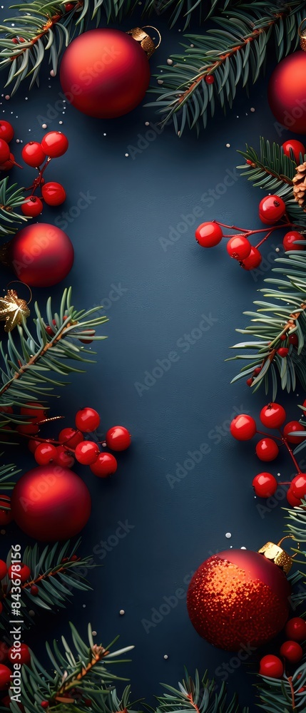 Festive Christmas background with red ornaments, berries, and pine branches against a navy backdrop. Perfect for holiday greetings. Festive Christmas background with red ornaments, berries, and pine branches against a navy backdrop. Perfect for holiday greetings.