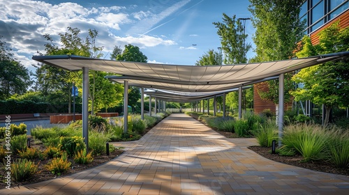 Cantilever pole with a unique design, supporting a canopy over a pedestrian walkway photo