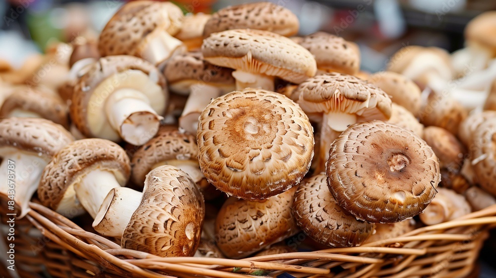 Shiitake mushrooms in basket at market, gill culinary stem vegetarian Shiitake mushrooms in basket at market, gill culinary stem vegetarian