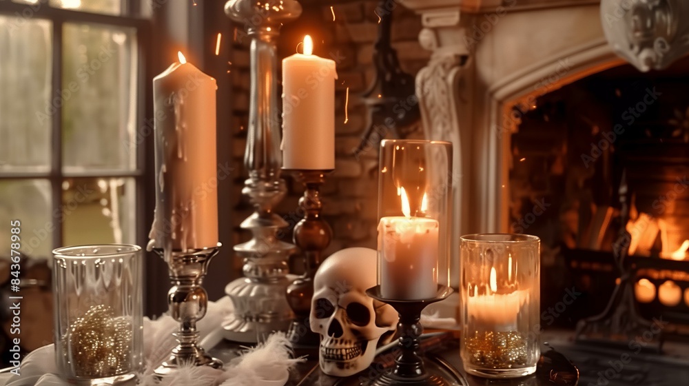Cozy, Gothic-inspired scene with lit candles, a skull, and antique decor in front of a warm fireplace. Cozy, Gothic-inspired scene with lit candles, a skull, and antique decor in front of a warm fireplace.