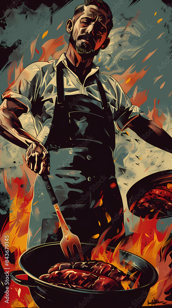 Fototapeta premium Epic poster of People Cooking Various Meats on Open Grill with Dramatic Flames and Smoke – Festive Barbecue Gathering in Bold Comic Book Style