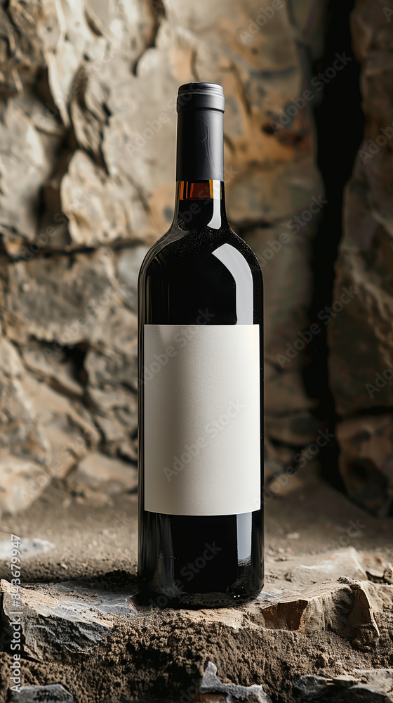 Fototapeta premium A bottle of wine is sitting on a pile of rocks