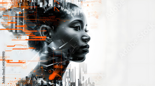 A digital collage of an African American womans profile. surrounded by futuristic cityscape elements and abstract shapes