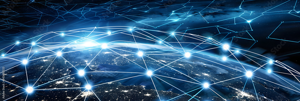 A digital landscape of interconnected blue dots and lines representing a network. with stars in the background A digital landscape of interconnected blue dots and lines representing a network. with stars in the background