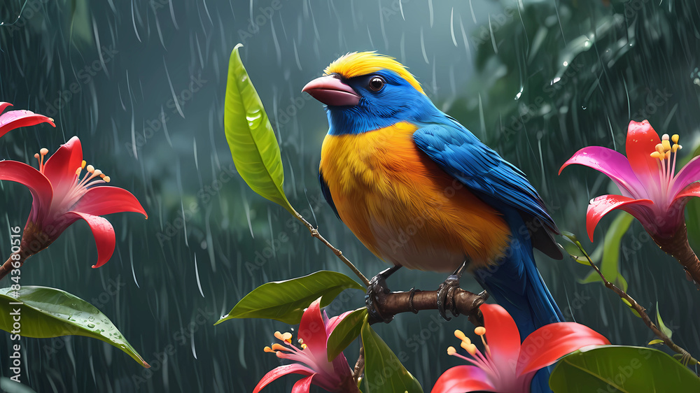 Create a Costa Rican the most bright bird in the flowers under the rain Create a Costa Rican the most bright bird in the flowers under the rain