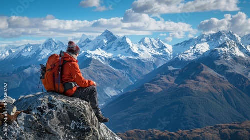 A backpacker enjoys the view from a remote mountain summit, taking a break from their hike. The snowy peaks and vast valleys offer breathtaking scenery