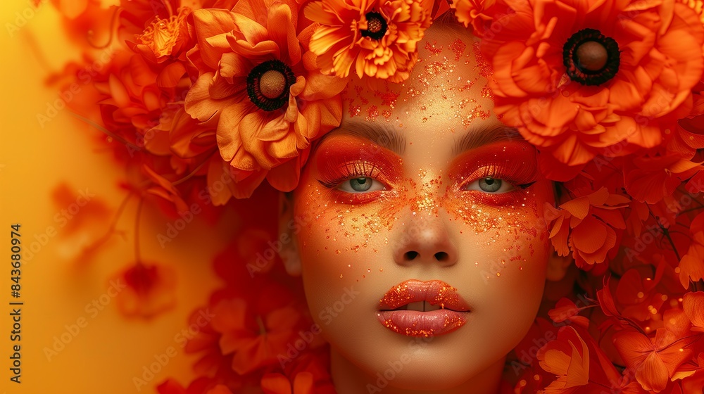 Close-up of a woman with vibrant orange floral headpiece and makeup, radiating bold and artistic beauty.