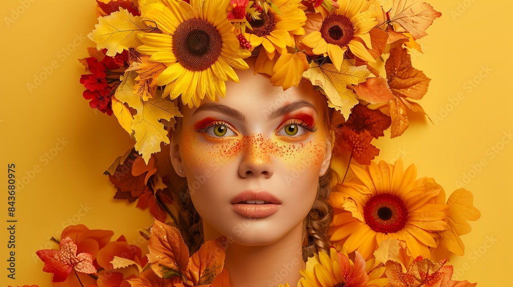 Portrait of a young woman adorned with autumn leaves and sunflowers, showcasing vibrant fall colors against a yellow background. Portrait of a young woman adorned with autumn leaves and sunflowers, showcasing vibrant fall colors against a yellow background.