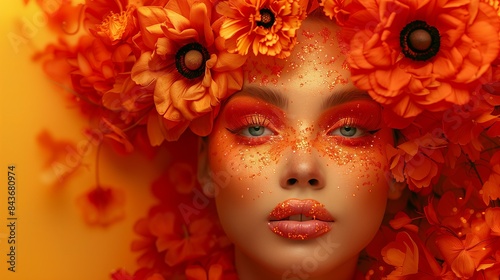 Close-up of a woman with vibrant orange floral headpiece and makeup, radiating bold and artistic beauty. © Raul