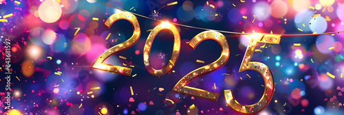 A festive New Year banner with the golden numbers 2025 in the center. surrounded by colorful bokeh lights and confetti on an abstract background 