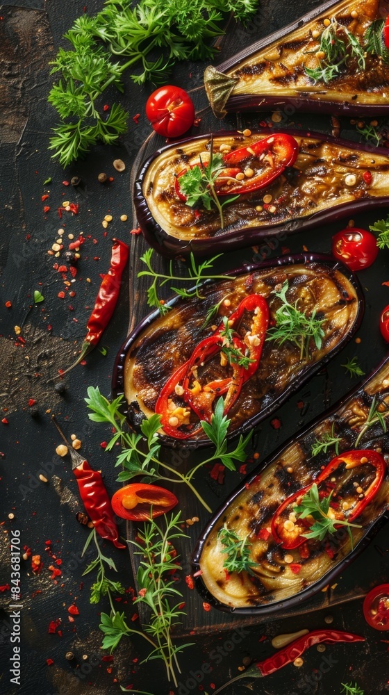 Fototapeta premium Delicious Grilled Eggplant with Spicy Flying Peppers. Food Commercial Menu Banner with Copy Space, Perfect for Picnics, Afternoon Tea, Children's Day Combo, New Year Party, National Day, Team Building