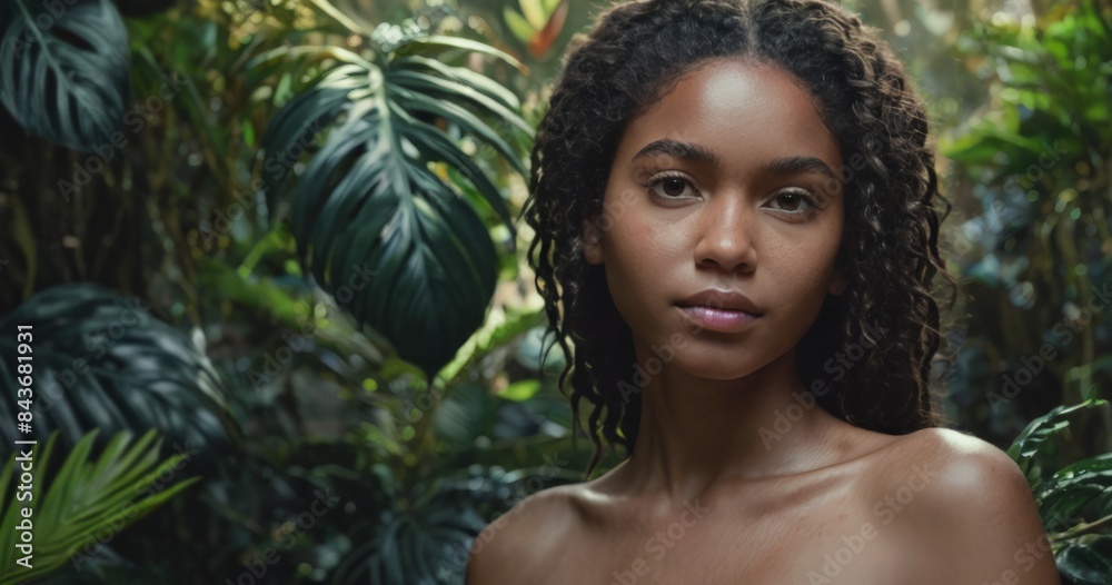 Close-up portrait of a beautiful girl on the background of a tropical forest Close-up portrait of a beautiful girl on the background of a tropical forest