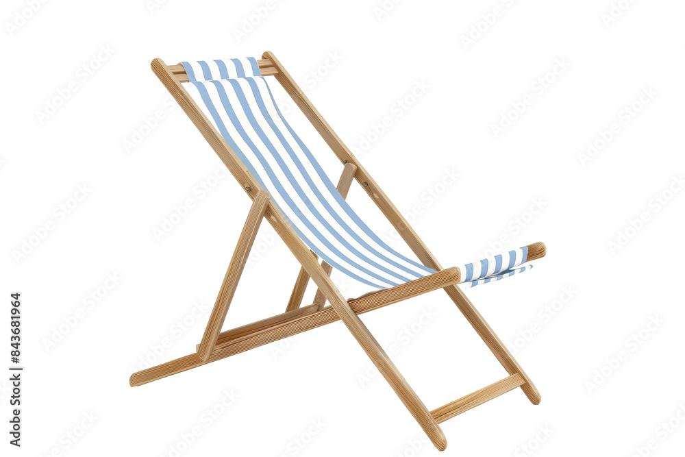 A striped wooden beach chair reclining under a sunny summer sky A striped wooden beach chair reclining under a sunny summer sky