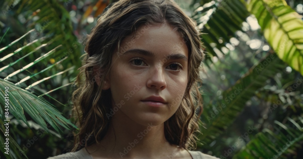 Close-up portrait of a beautiful girl on the background of a tropical forest Close-up portrait of a beautiful girl on the background of a tropical forest