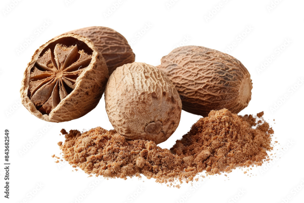 Close-up of Dried Whole and Split Nutmeg Seeds with Ground Nutmeg Powder on White Background Close-up of Dried Whole and Split Nutmeg Seeds with Ground Nutmeg Powder on White Background