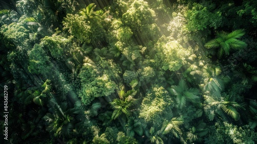 A high-angle aerial photograph captures sunlight filtering through the lush green canopy of a dense forest  creating intricate patterns of shadows