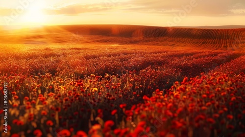 A stunning high-angle view of a field of poppies bathed in golden sunlight during sunset. The vibrant red flowers stretch to the horizon  creating a breathtaking scene