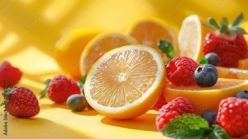 Summer fruits on lemon yellow background, vibrant colors, studio lighting, refreshing, Summer fruits on lemon yellow background, vibrant colors, studio lighting, refreshing,