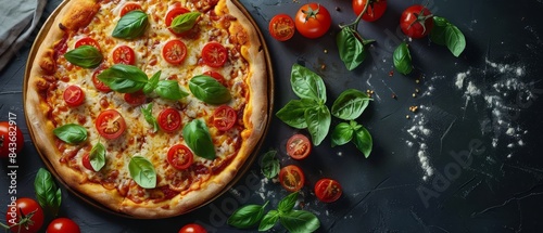 Rustic pizza with fresh basil and tomatoes on a baking sheet