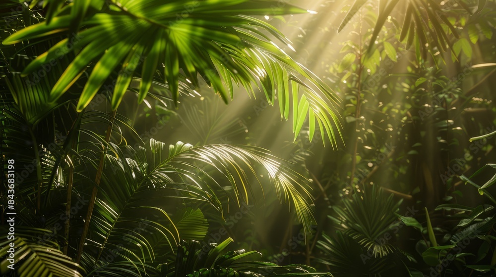 A low-angle perspective captures sunlight streaming through dense tropical foliage, casting dramatic shadows and illuminating intricate leaf patterns