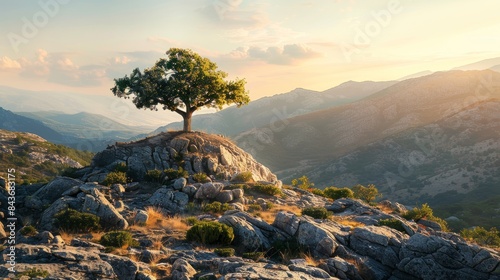 A single tree stands proudly on a rocky outcropping against the backdrop of a majestic mountain range at sunset