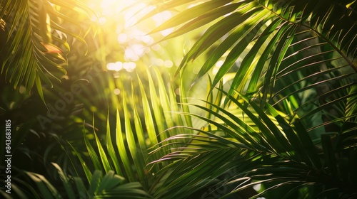 A low-angle photograph capturing the warm glow of morning sunlight filtering through dense tropical foliage  creating dramatic shadows and highlighting the intricate patterns of the leaves