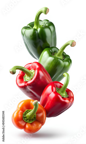 Falling fresh red and green bell pepper (capsicum) on isolate white background, clipping path, selective focus