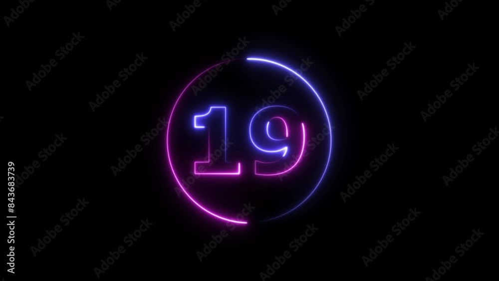 Abstract neon countdown 19 number animation 4k video. Abstract neon countdown 19 number animation 4k video.