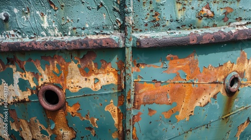 A macro photograph showcasing the intricate details of a weathered fishing boat hull. Peeling paint reveals the underlying layers, creating a rich texture of rust and faded colors photo
