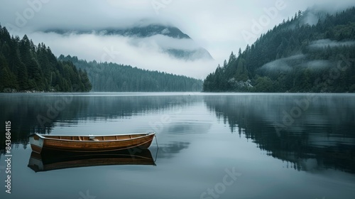 A single wooden rowboat sits calmly on a misty lake surrounded by dense forest in the early morning