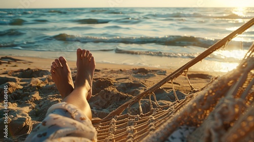 A person relaxes in a hammock on a sandy beach, their feet dangling over the edge as they gaze out at the ocean waves rolling in during sunset photo