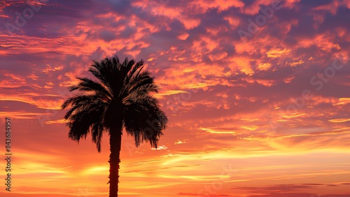 Silhouette of a lone palm tree against a dramatic sunset sky