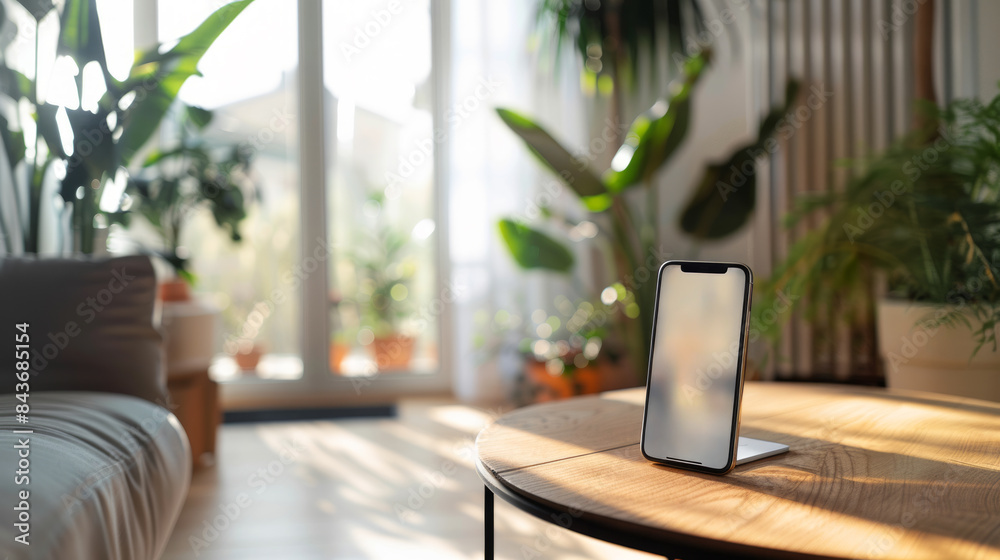 Blank scree of Smartphone on a wooden table in a bright, plant-filled living room. Smartphone mockup for poster, banner, and print. Blank scree of Smartphone on a wooden table in a bright, plant-filled living room. Smartphone mockup for poster, banner, and print.