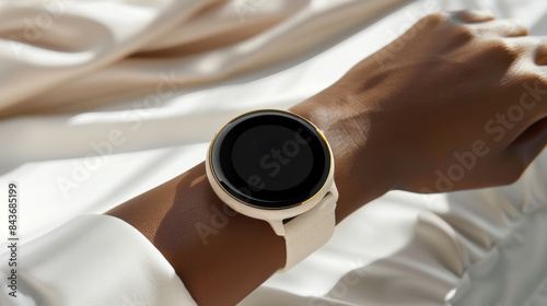 Close-up of a white smartwatch on a person's wrist against a white background with gold accents. Minimalist concept for poster, banner, and print.