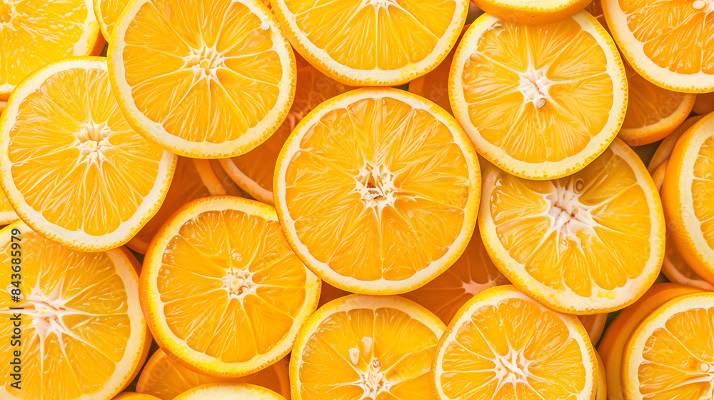 A close-up of many orange slices. The slices are cut in half and arranged in a pattern A close-up of many orange slices. The slices are cut in half and arranged in a pattern