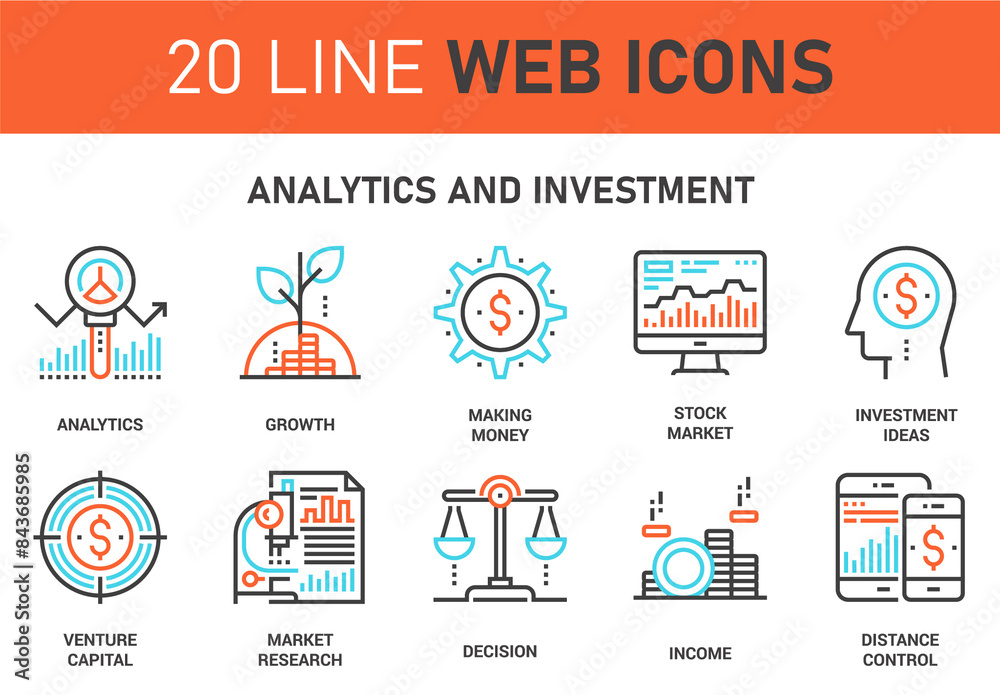 Vector set of analytics and investment line web icons. Each icon with ...
